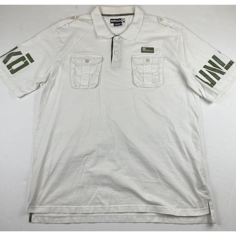 Ecko Unltd Polo Shirt Men’s 2XL Chest Pockets Epaulettes White Cotton Spellout